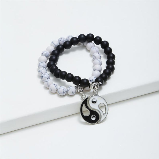 Buddha Stones 2pcs Natural Black Onyx White Turquoise Bead Yin Yang Couple Bracelet