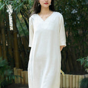 Buddha Stones Green White Satin Jacquard Cheongsam Midi Dress Half Sleeve Dress With Pockets