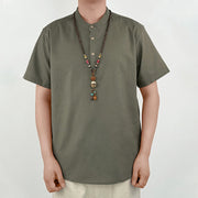 Buddha Stones Solid Color Men Short Sleeve Button Linen Shirt