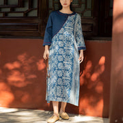 Buddha Stones Blue White Flower Pattern Midi Dress Meditation Three Quarter Sleeve Linen Dress With Pockets