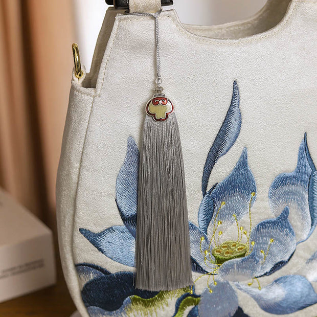 Buddha Stones Lotus Embroidery Handbag Crossbody Bag Crossbody Bag&Handbags BS 3