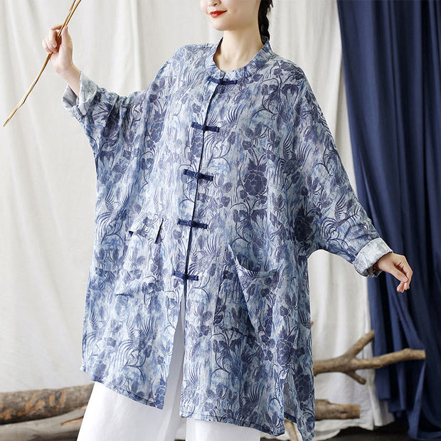 Buddha Stones Blue Flowers Butterfly Frog-Button Long Sleeve Ramie Linen Jacket Shirt With Pockets 2