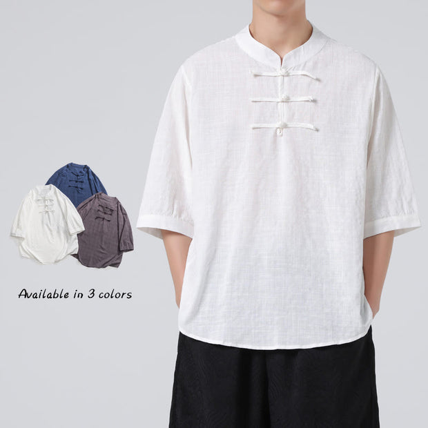 Buddha Stones Frog-Button Plaid Pattern Chinese Tang Suit Half Sleeve Shirt Cotton Linen Men Clothing