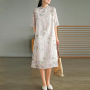 Buddha Stones Frog-button Leaves Branches Midi Dress Cotton Linen Short Sleeve Dress With Pockets