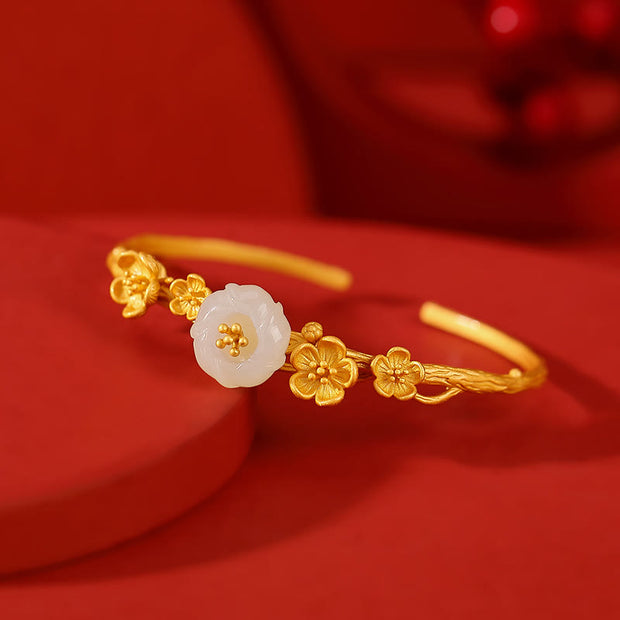 Buddha Stones 925 Sterling Silver Plated Gold Hetian Jade  Plum Blossom Luck Necklace Pendant Bracelet Bangle Ring Bracelet Necklaces & Pendants BS Bracelet(Inner Perimeter 14cm)