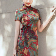 Buddha Stones Silk Qipao Dress Retro Flower Leaf Pattern Women's Cheongsam Dress