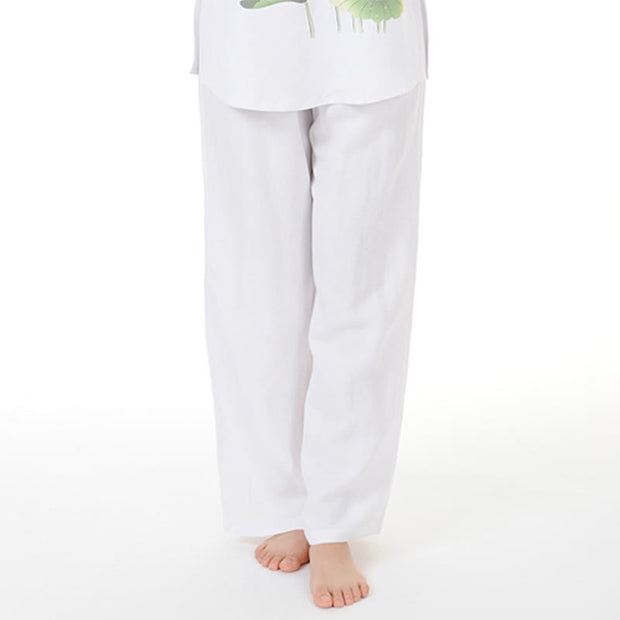 Buddha Stones 2Pcs White Lotus Flower Leaf Half Sleeve Shirt Top Pants Meditation Zen Tai Chi Linen Clothing Women's Set 8