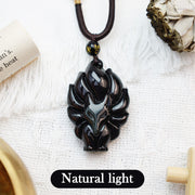 Buddha Stones Natural Rainbow Obsidian Gold Sheen Obsidian Nine Tailed Fox Positive Necklace Pendant Necklaces & Pendants BS 4