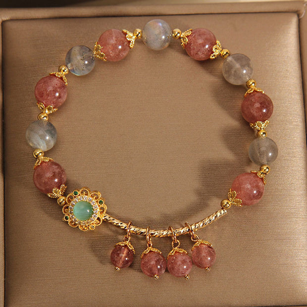 Buddha Stones Strawberry Quartz Moonstone Healing Tassel Charm Bracelet