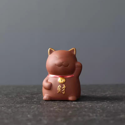Buddha Stones Mini Lucky Cat Wealth Tea Pet Purple Clay Figurine Decoration Decorations BS Red 4*3.8*5.5cm