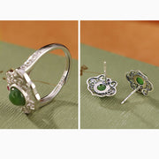 Buddha Stones 925 Sterling Silver Natural Hetian Cyan Jade Hollow Design Luck Ring Earrings Set Bracelet Necklaces & Pendants BS 12