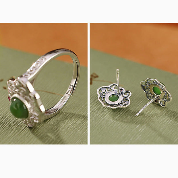Buddha Stones 925 Sterling Silver Natural Hetian Cyan Jade Hollow Design Luck Ring Earrings Set