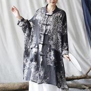 Buddha Stones Blue White Flowers Frog-Button Long Sleeve Ramie Linen Jacket Shirt With Pockets 8