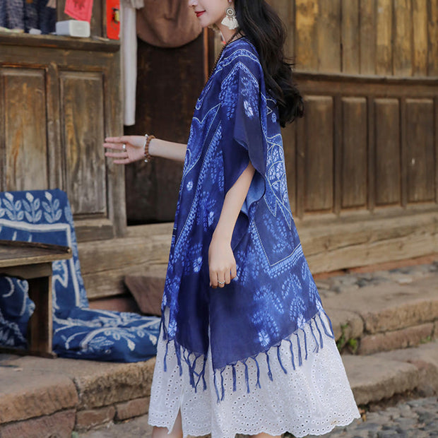 Buddha Stones Blue Tie Dye Koi Fish Shawl Tassels Soft Travel Pullover 90*95cm 5