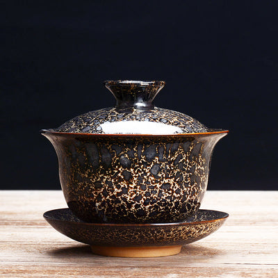 Buddha Stones Vintage Kiln Change Design Ceramic Gaiwan Sancai Teacup Kung Fu Tea Cup And Saucer With Lid (Extra 35% Off | USE CODE: FS35) - Brown White 9.5cm*8cm*180ml - image 0