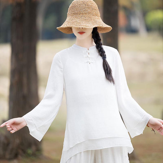 Buddha Stones 2Pcs Plain Design Top Pants Meditation Yoga Zen Tai Chi Cotton Linen Clothing Women's Set Clothes BS 20