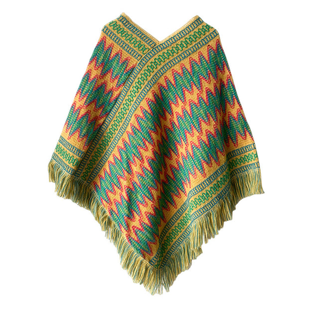 Buddha Stones Tibetan Shawl Striped Knitted Tassels Pullover Winter Cozy Travel Scarf Wrap
