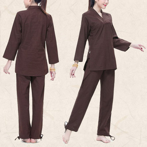 Buddha Stones Zen Practice Yoga Meditation Prayer V-neck Design Uniform Cotton Linen Clothing Women's Set Clothes BS 12