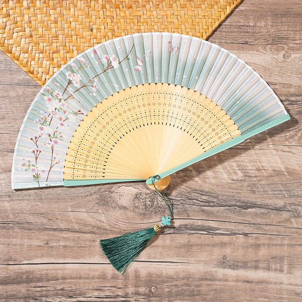 Buddha Stones Spring Flowers Branches Handheld Silk Bamboo Folding Fan 22cm 3
