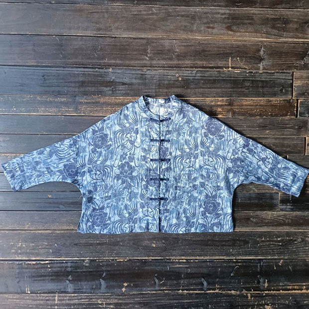 Buddha Stones Retro Blue White Flowers Frog-Button Design Long Sleeve Ramie Linen Jacket Shirt 15