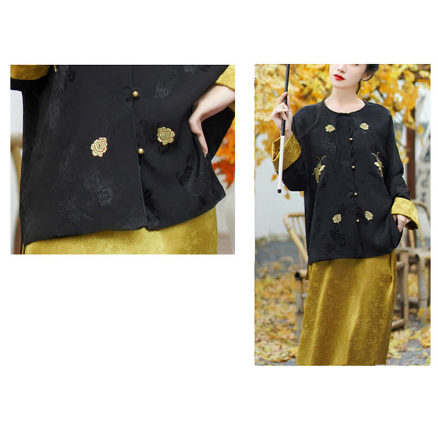 Buddha Stones Vintage Flowers Print Long Sleeve Jacket Cami Maxi Midi Dress