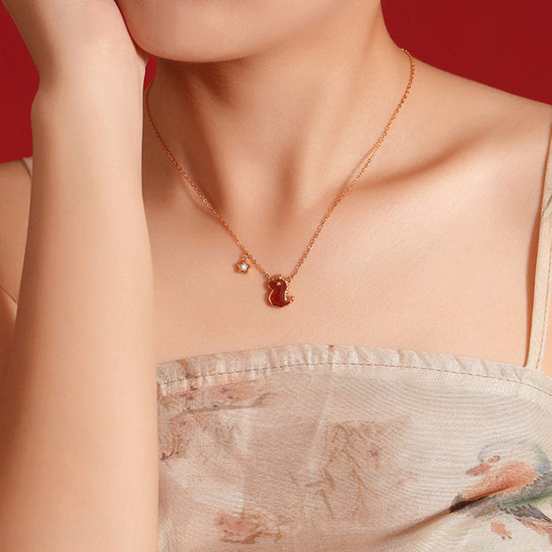 Buddha Stones 925 Sterling Silver Year of the Dragon Red Agate Hetian Jade Cute Dragon Star Protection Necklace Pendant (Extra 30% Off | USE CODE: FS30) Necklaces & Pendants BS 4