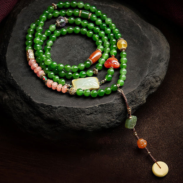 Buddha Stones 108 Mala Beads Cyan Jade Red Agate Laughing Buddha Luck Bracelet
