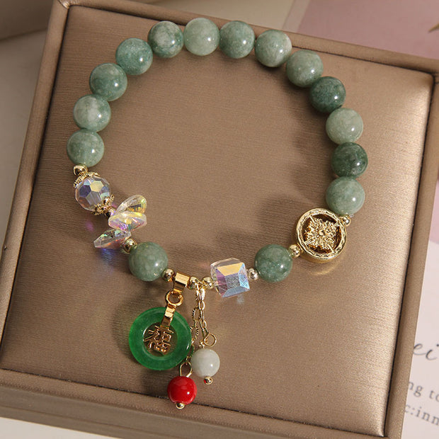 Buddha Stones Strawberry Quartz Jade Fu Character Charm Healing Bracelet Bracelet BS 11
