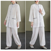 Buddha Stones 2Pcs Solid Color Long Sleeve Shirt Top Pants Meditation Zen Tai Chi Cotton Linen Clothing Women's Set Women's Meditation Cloth BS 5