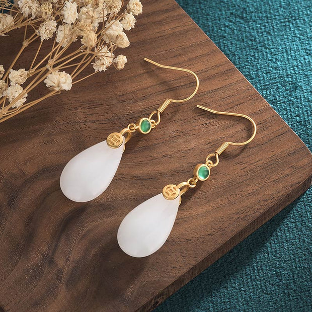 Buddha Stones FengShui White Jade Luck Drop Earrings Earrings BS 17