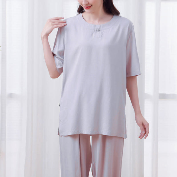 Buddha Stones 2Pcs Half Sleeve T-Shirt Pants Meditation Zen Tai Chi Cotton Linen Clothing Unisex Set 13
