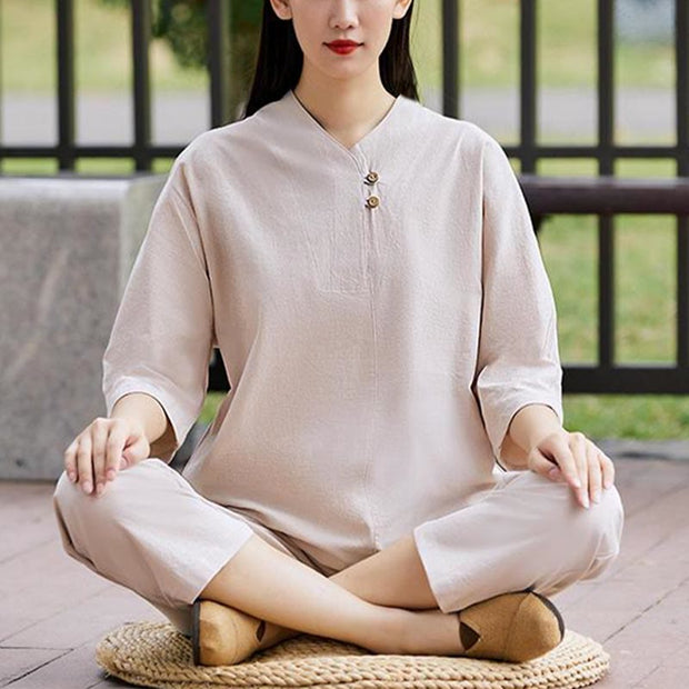Buddha Stones 2Pcs Shirt Top Pants Meditation Zen Tai Chi Cotton Linen Clothing Women's Set
