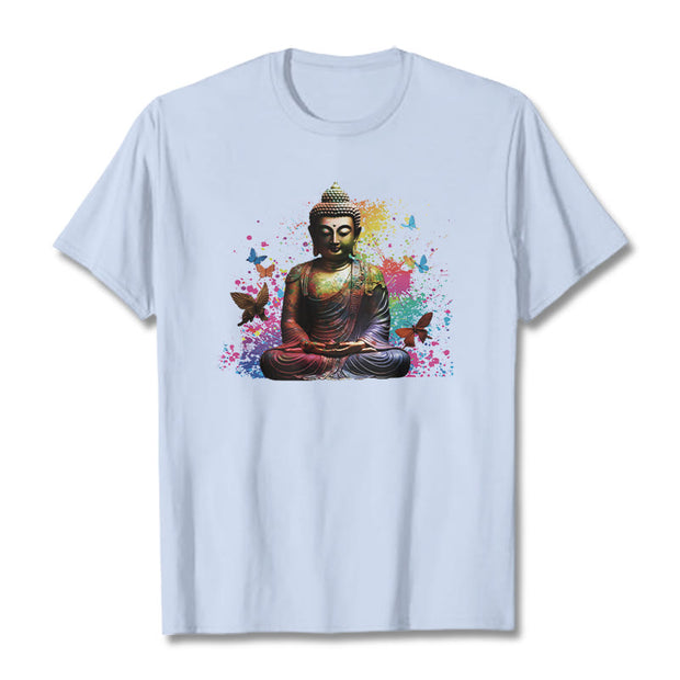 Buddha Stones Colorful Butterfly Flying Meditation Buddha Tee T-shirt T-Shirts BS LightCyan 2XL