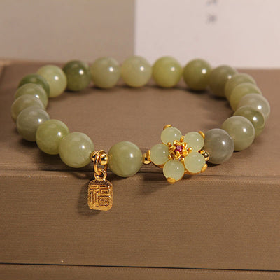 Buddha Stones Green Jade Flower Fu Character Charm Luck Bracelet Bracelet BS Jade(Wrist Circumference 14-16cm)