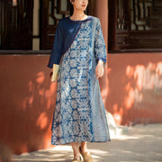 Buddha Stones Blue White Flower Pattern Midi Dress Meditation Three Quarter Sleeve Linen Dress With Pockets 3