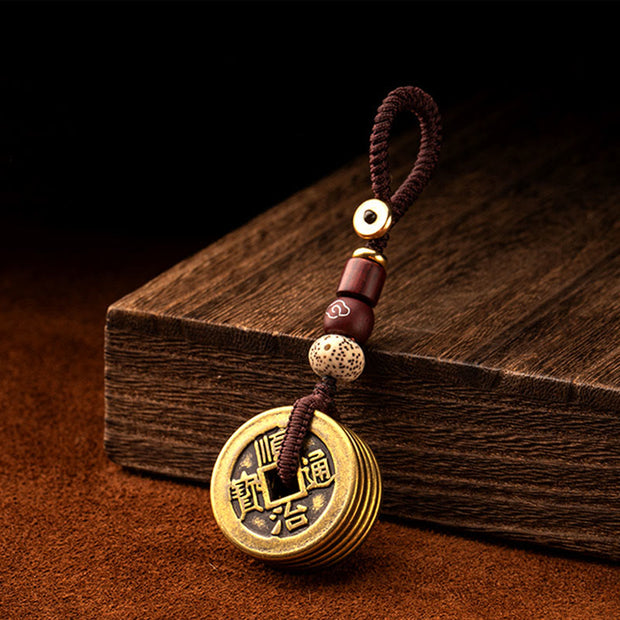 Buddha Stones Feng Shui Five Emperor Coins Luck Bodhi Seed Money Wealth Keychain