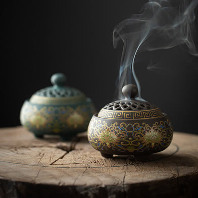 Buddha Stones Tibetan Floral Pattern Ceramic Blessing Incense Burner Decoration (Extra 35% Off | USE CODE: FS35) - image 0