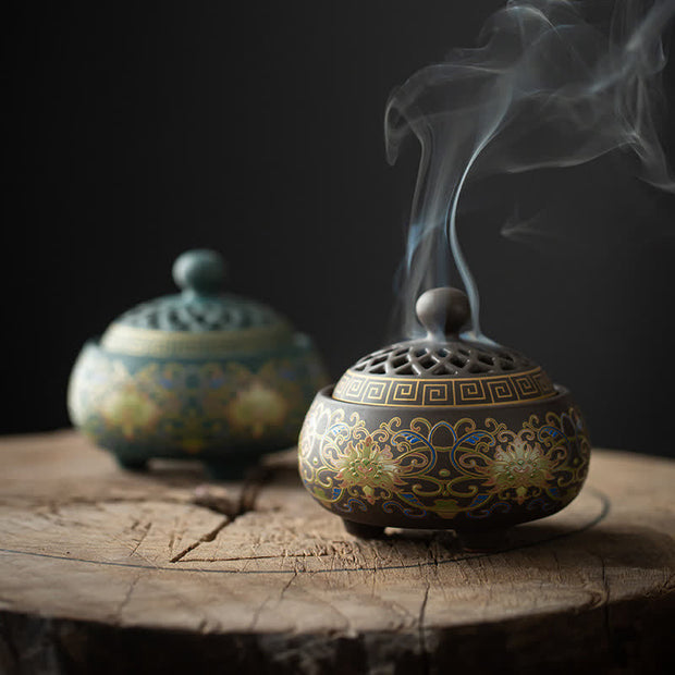 Buddha Stones Tibetan Floral Pattern Ceramic Blessing Incense Burner Decoration (Extra 35% Off | USE CODE: FS35) - image 0