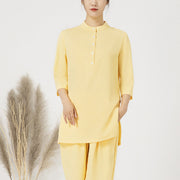 Buddha Stones 2Pcs Buttons Three Quarter Sleeve Shirt Top Pants Meditation Zen Tai Chi Cotton Linen Clothing Women's Set Women's Meditation Cloth BS Yellow(Top&Pants) 2XL(Bust 112cm/Waist 70-104cm/Pants Length 101cm)