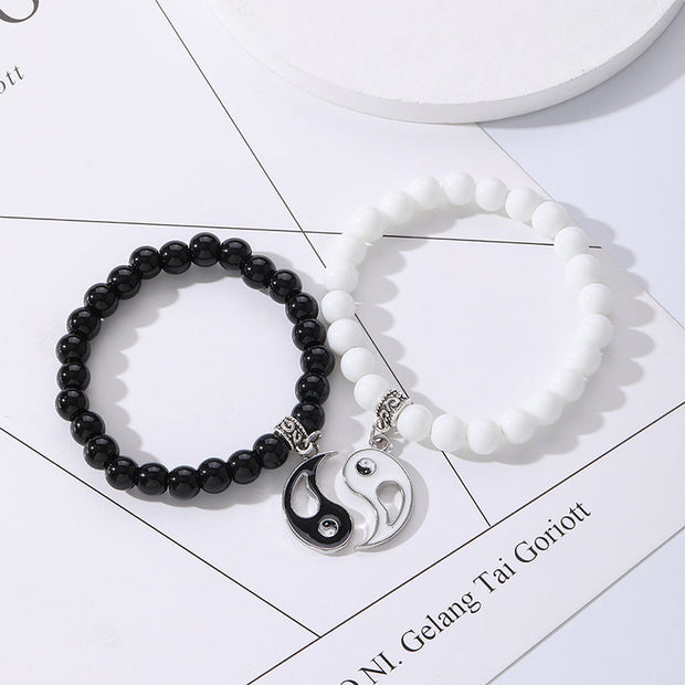 Buddha Stones 2Pcs Black Onyx White Turquoise Bead Yin Yang Protection Couple Bracelet Bracelet BS 6