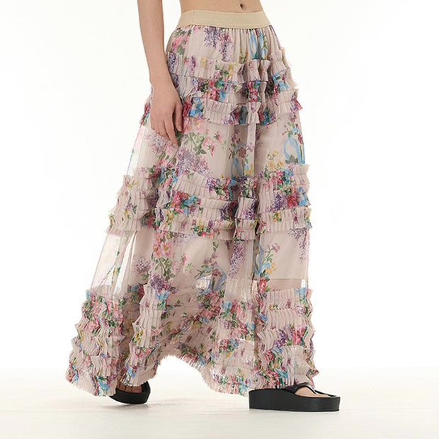Buddha Stones Colorful Flowers Loose Mesh Tulle Skirt See-Through Design 8