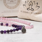 Buddha Stones Natural Rose Quartz & Amethyst Mala Bead Lotus Pendant Bracelet