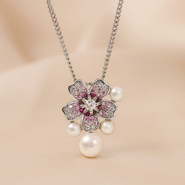 Buddha Stones Cherry Blossom Sakura Design Pearl Healing Necklace Pendant Ring Earrings Set Bracelet Necklaces & Pendants BS Necklace