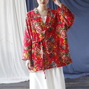 Buddha Stones Ethnic Style Northeast Red Flower Peony Print Cotton Linen Lace Up Jacket 21
