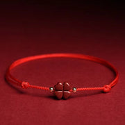 Buddha Stones Natural Cinnabar Four Leaf Clover Blessing Red String Bracelet Anklet