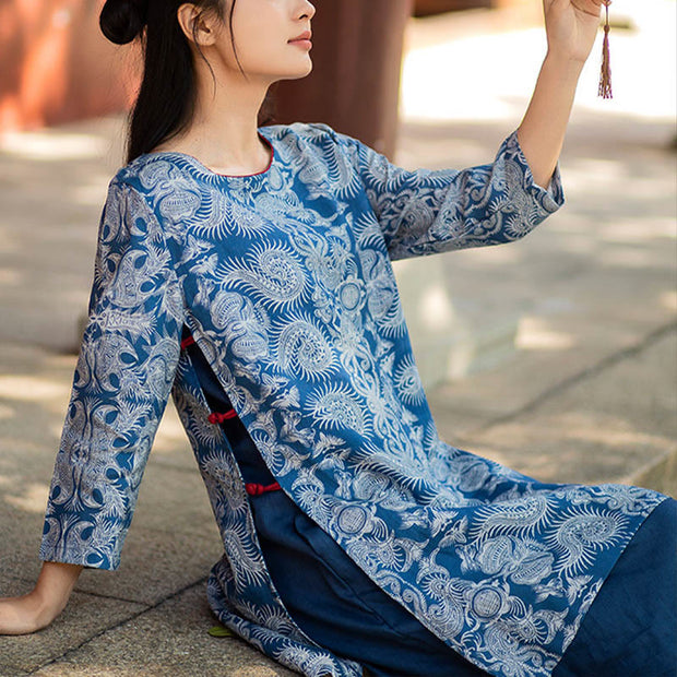 Buddha Stones Blue White Flower Pattern Midi Dress Linen Three Quarter Sleeve Dress With Pockets 11