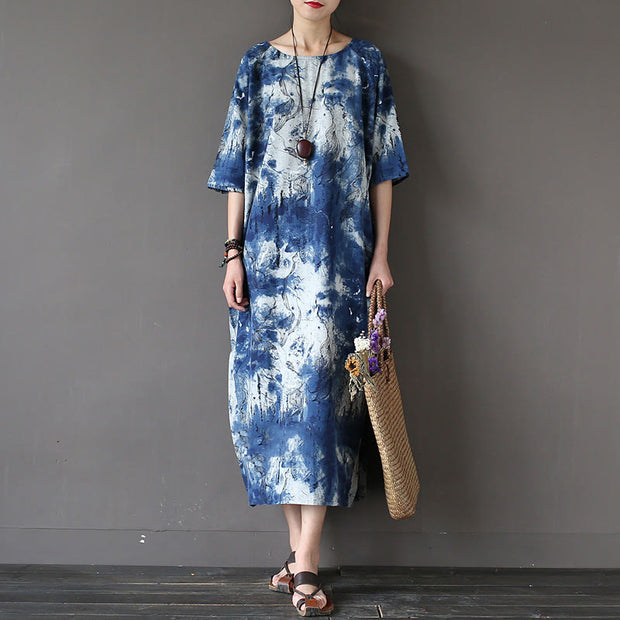 Buddha Stones Ink Tie Dye Midi Dress Three Quarter Sleeve Cotton Linen Dress With Pockets 7