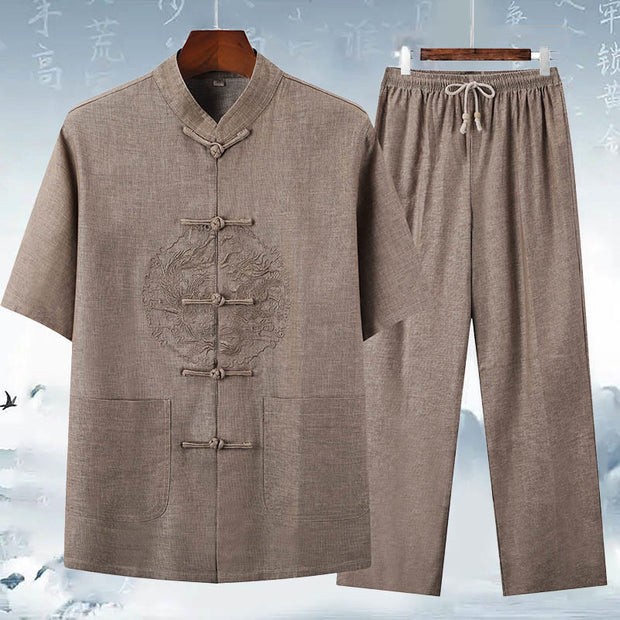 Buddha Stones Dragon Embroidery Pattern Tang Suit Short Sleeve Shirt Pants Men's Set Men's Meditation Cloth BS Khaki(Top&Pants) 3XL(Bust 124cm/Waist 122cm/Hips 124cm)
