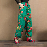 Buddha Stones Ethnic Style Red Green Flowers Print Harem Pants With Pockets 13