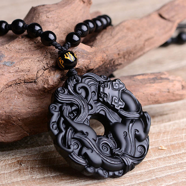 Buddha Stones Natural Black Obsidian Peace Buckle Pixiu Purification Necklace Pendant Necklaces & Pendants BS 13
